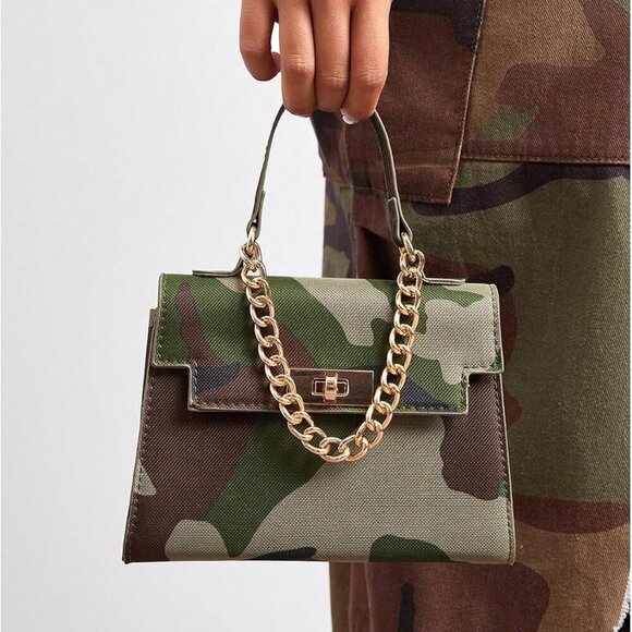 Women's Polyester Camo Flap Square Bag with Chain Strap Top Handle Crossbody - Picture 3 of 7